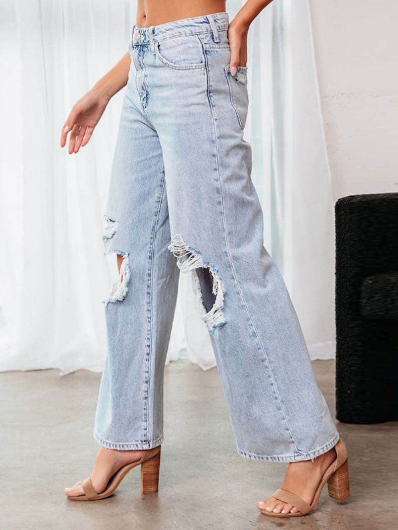 Calça Jeans Feminina Chique Franja Cintura Elevada Poliéster - Azul Céu Claro