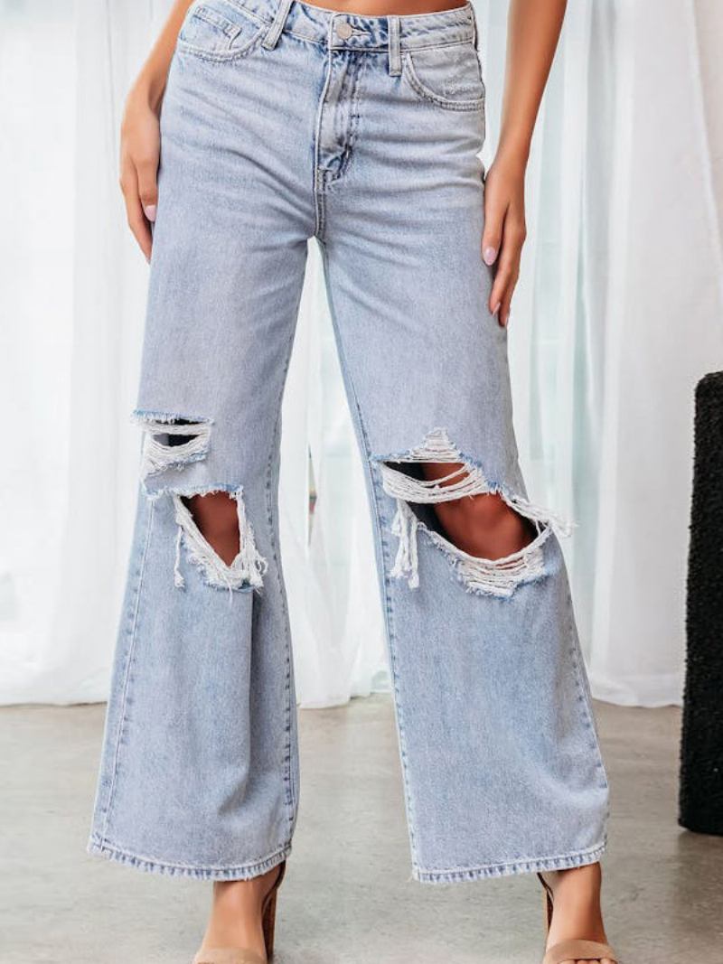 Calça Jeans Feminina Chique Franja Cintura Elevada Poliéster - Azul Céu Claro