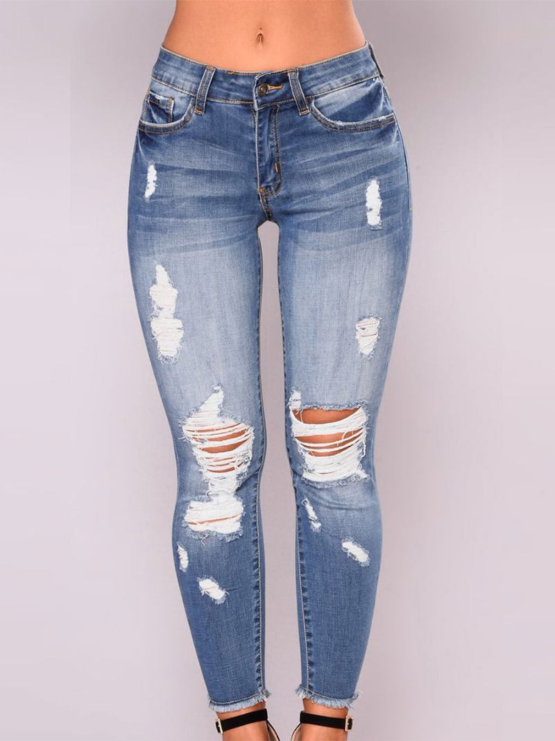 Calça Jeans Feminina Com Botões Azuis Profundos Zíper Cintura Alta Irregular Ajuste Cônico Calças Cowboy - Azul Céu Claro 