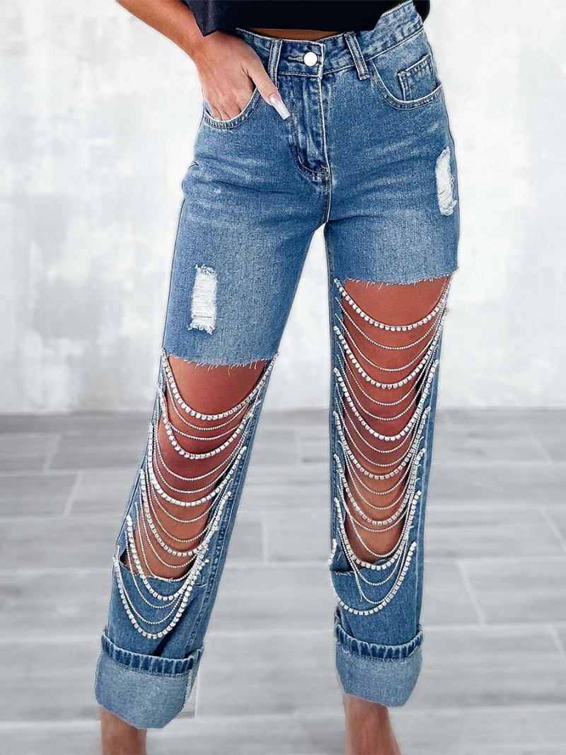 Calça Jeans Feminina Com Franjas E Cintura Alta Assimétrica Para Noite