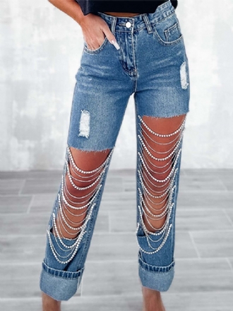 Calça Jeans Feminina Com Franjas E Cintura Alta Assimétrica Para Noite