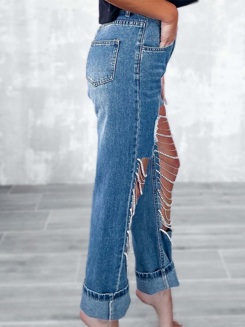 Calça Jeans Feminina Com Franjas E Cintura Alta Assimétrica Para Noite - Azul 