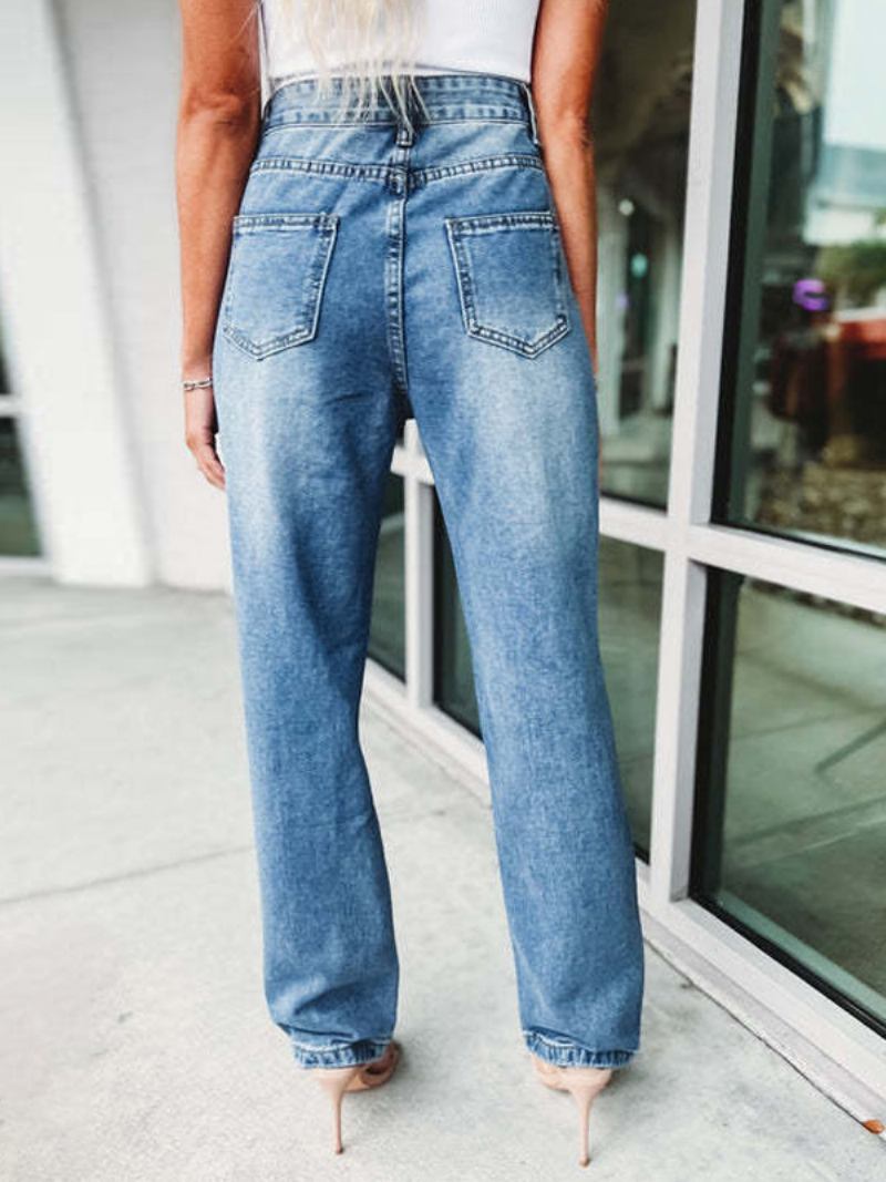 Calça Jeans Feminina Com Franjas E Cintura Alta Assimétrica Para Noite - Azul 