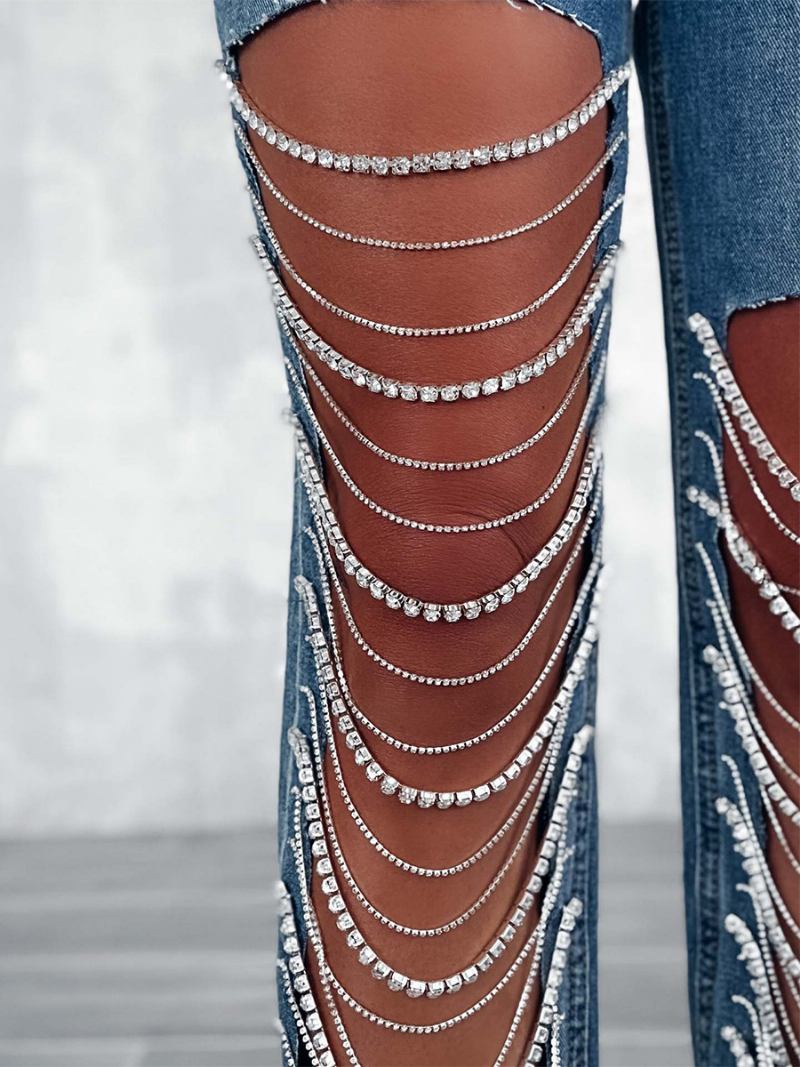 Calça Jeans Feminina Com Franjas E Cintura Alta Assimétrica Para Noite - Azul 