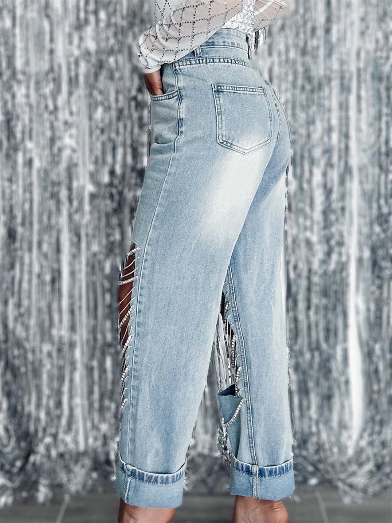 Calça Jeans Feminina Com Franjas E Cintura Alta Assimétrica Para Noite -  Azul Céu Claro