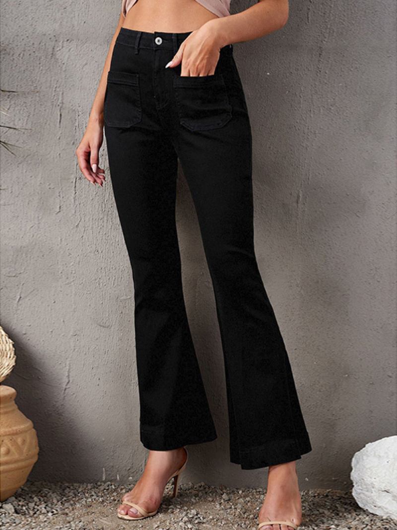 Calça Jeans Feminina Larga Cintura Alta Com Zíper Fly Diária Casual - Preto