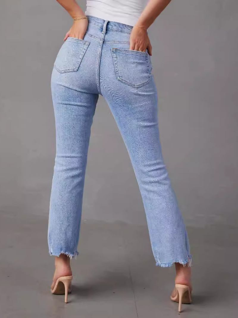 Calça Jeans Feminina Moda Dois Tons Poliéster Envelhecido - Azul Céu Claro