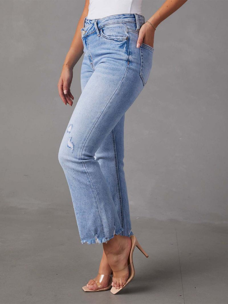 Calça Jeans Feminina Moda Dois Tons Poliéster Envelhecido - Azul Céu Claro