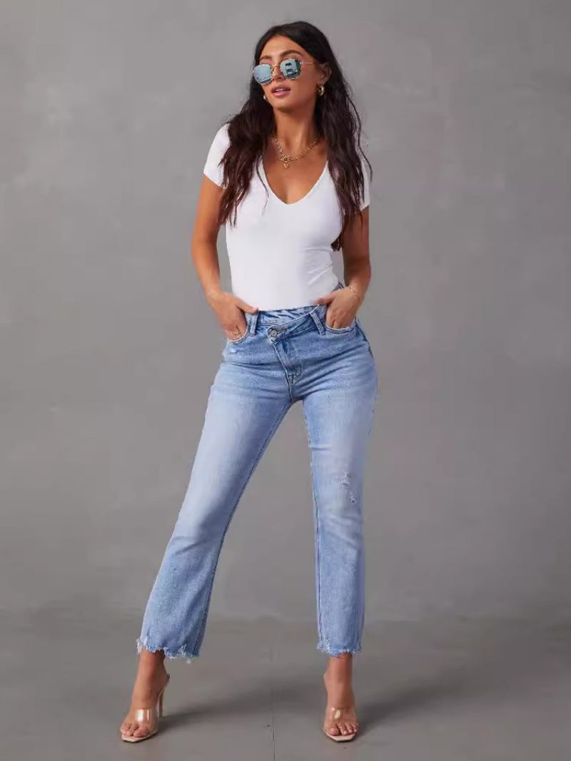 Calça Jeans Feminina Moda Dois Tons Poliéster Envelhecido - Azul Céu Claro