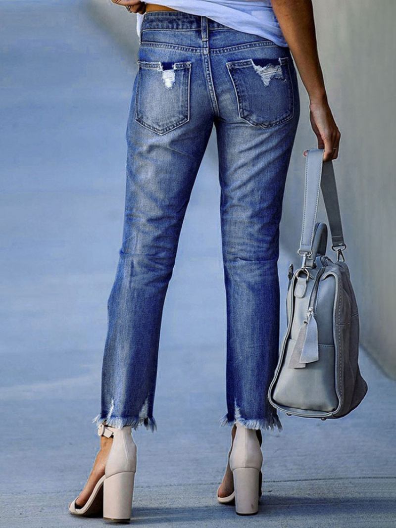 Calça Jeans Feminina Moderna Distressed Skinny Poliéster - Azul 