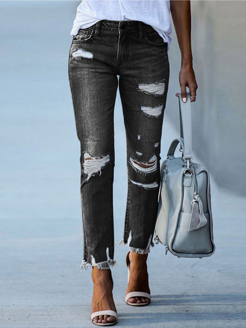 Calça Jeans Feminina Moderna Distressed Skinny Poliéster -  Preto