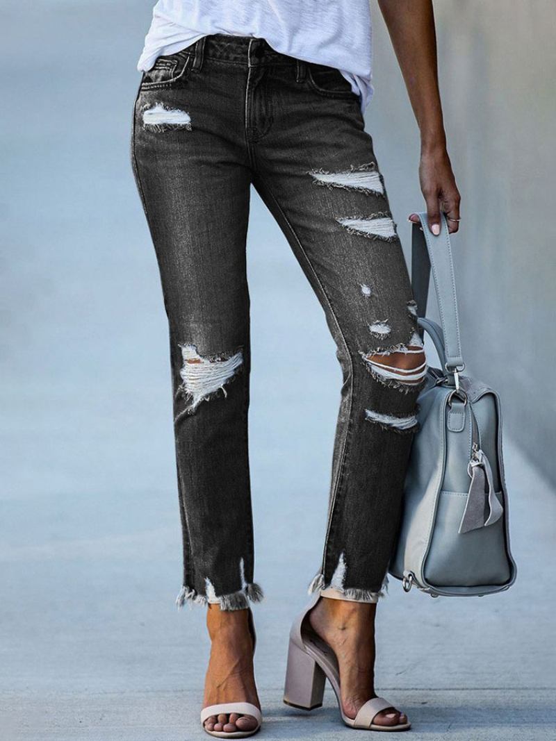 Calça Jeans Feminina Moderna Distressed Skinny Poliéster -  Preto