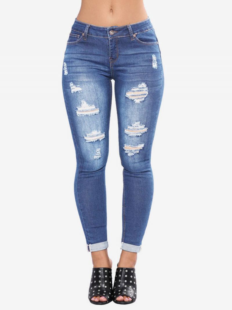 Calça Jeans Feminina Moderna E Desgastada Algodão Skinny