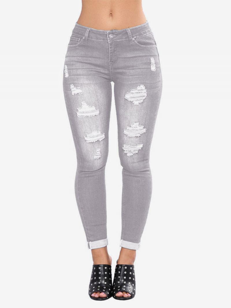 Calça Jeans Feminina Moderna E Desgastada Algodão Skinny - Cinza