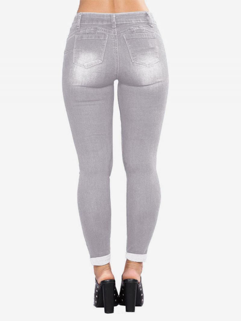 Calça Jeans Feminina Moderna E Desgastada Algodão Skinny - Cinza