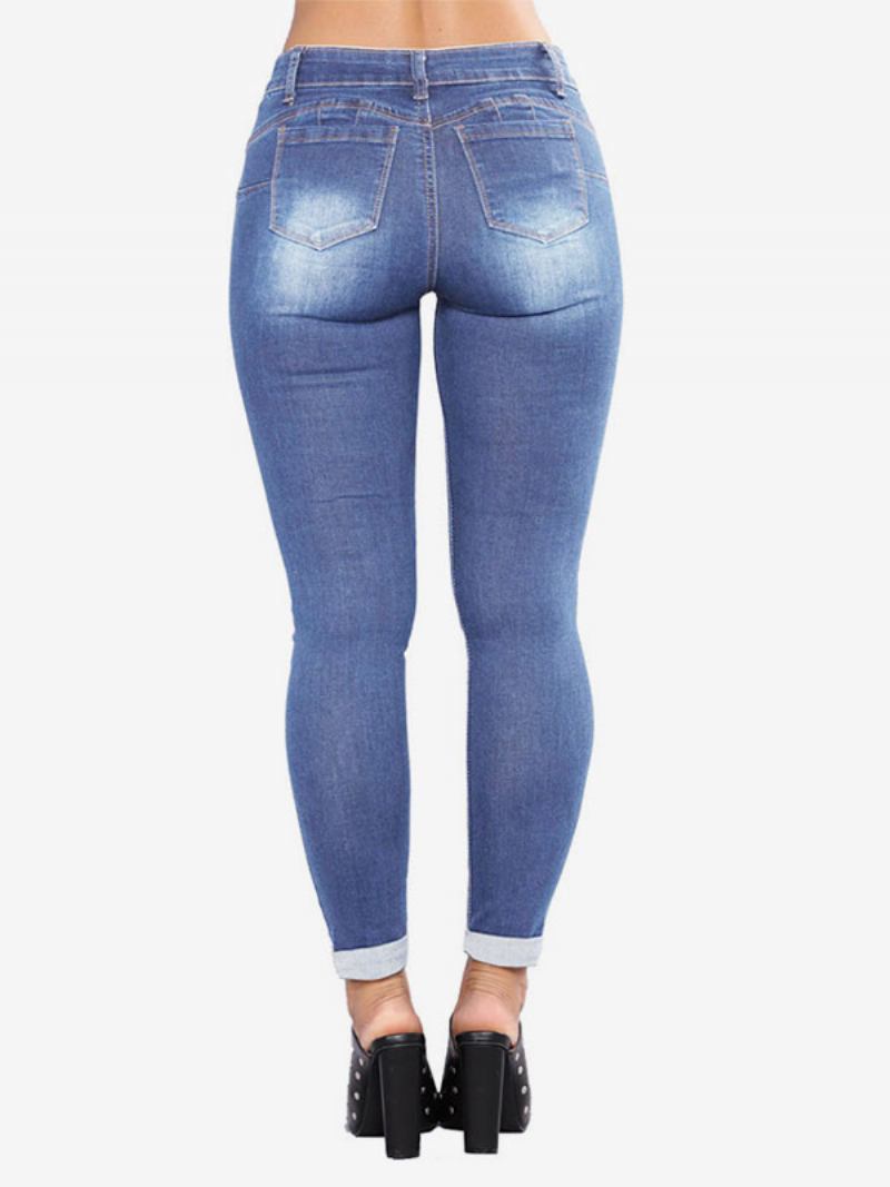 Calça Jeans Feminina Moderna E Desgastada Algodão Skinny - Azul Céu Claro