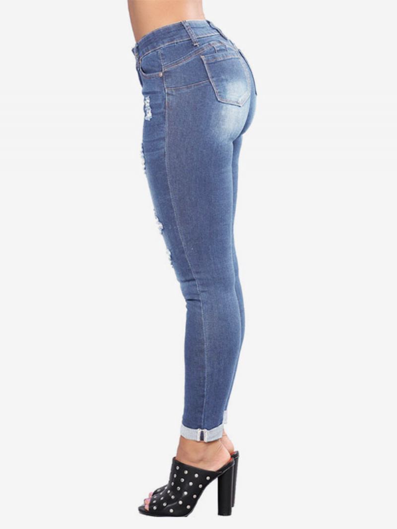 Calça Jeans Feminina Moderna E Desgastada Algodão Skinny - Azul Céu Claro