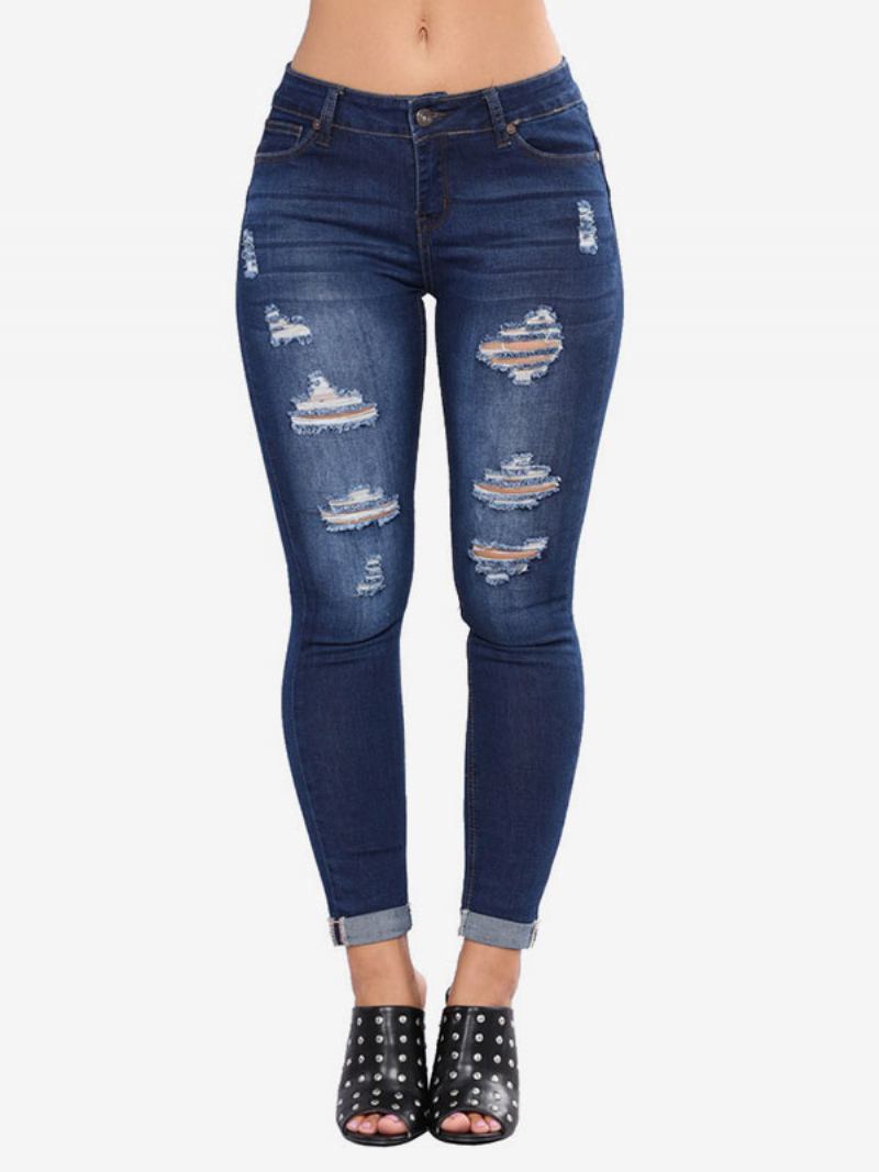 Calça Jeans Feminina Moderna E Desgastada Algodão Skinny - Azul Profundo