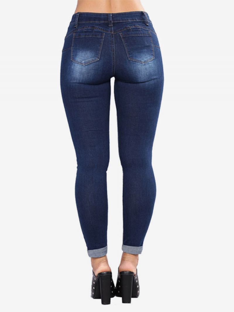 Calça Jeans Feminina Moderna E Desgastada Algodão Skinny - Azul Profundo