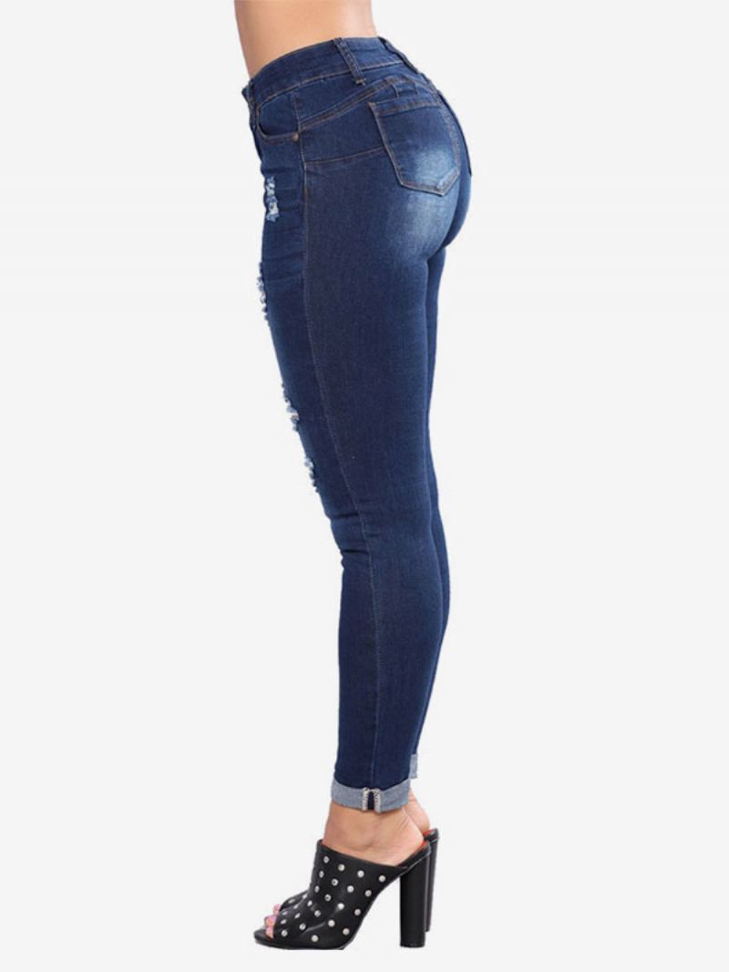 Calça Jeans Feminina Moderna E Desgastada Algodão Skinny - Azul Profundo