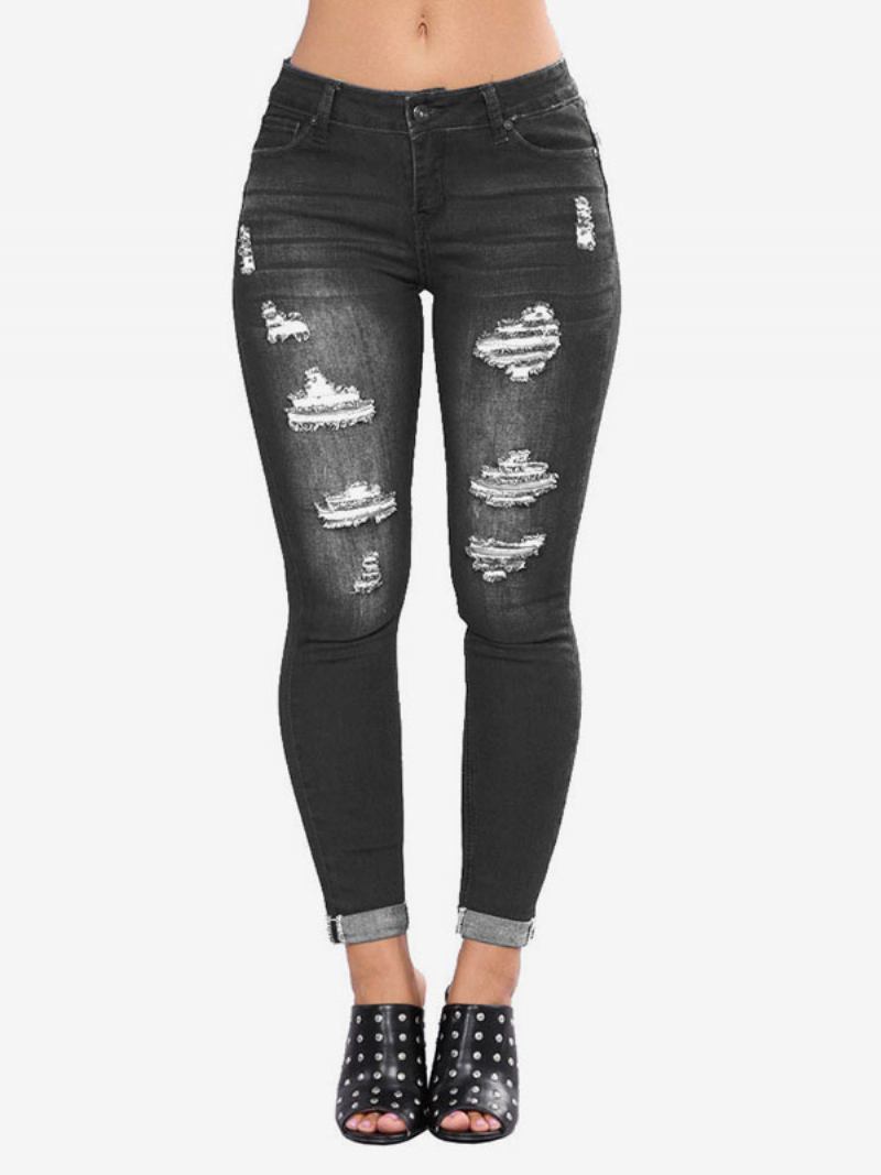 Calça Jeans Feminina Moderna E Desgastada Algodão Skinny - Preto