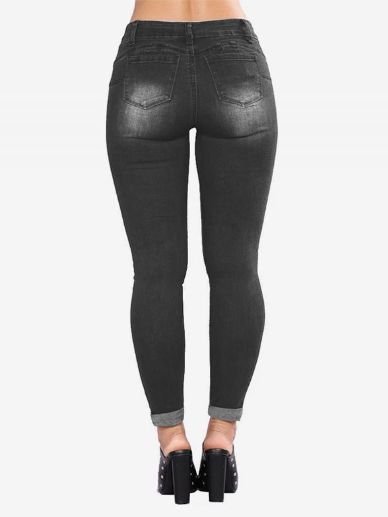 Calça Jeans Feminina Moderna E Desgastada Algodão Skinny - Preto