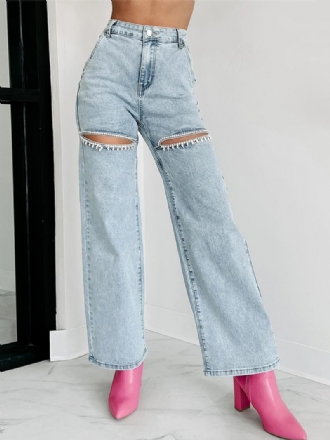 Calça Jeans Feminina Perna Larga Com Strass Recorte Cintura Alta Casual