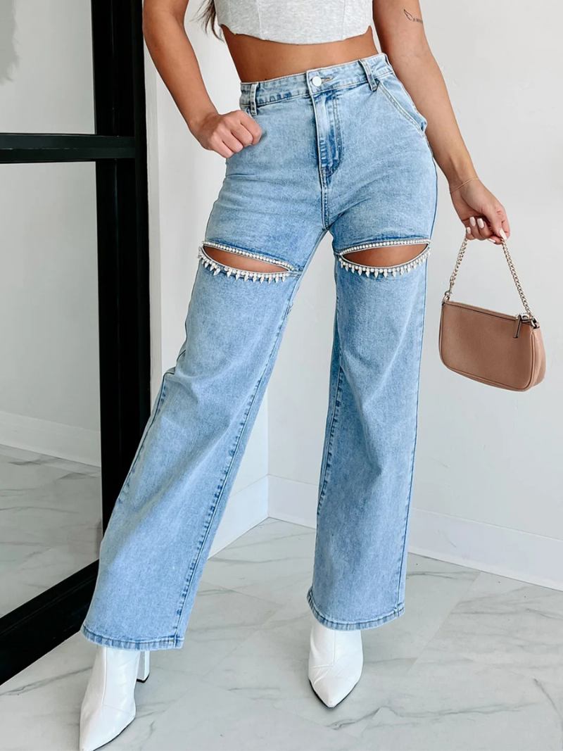 Calça Jeans Feminina Perna Larga Com Strass Recorte Cintura Alta Casual - Azul