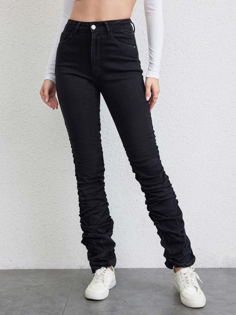 Calça Jeans Feminina Plissada Cintura Alta Com Zíper E Reta