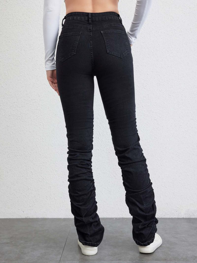 Calça Jeans Feminina Plissada Cintura Alta Com Zíper E Reta - Preto