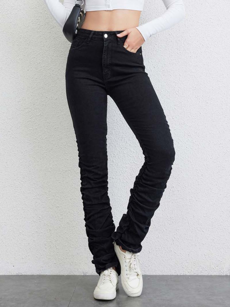 Calça Jeans Feminina Plissada Cintura Alta Com Zíper E Reta - Preto