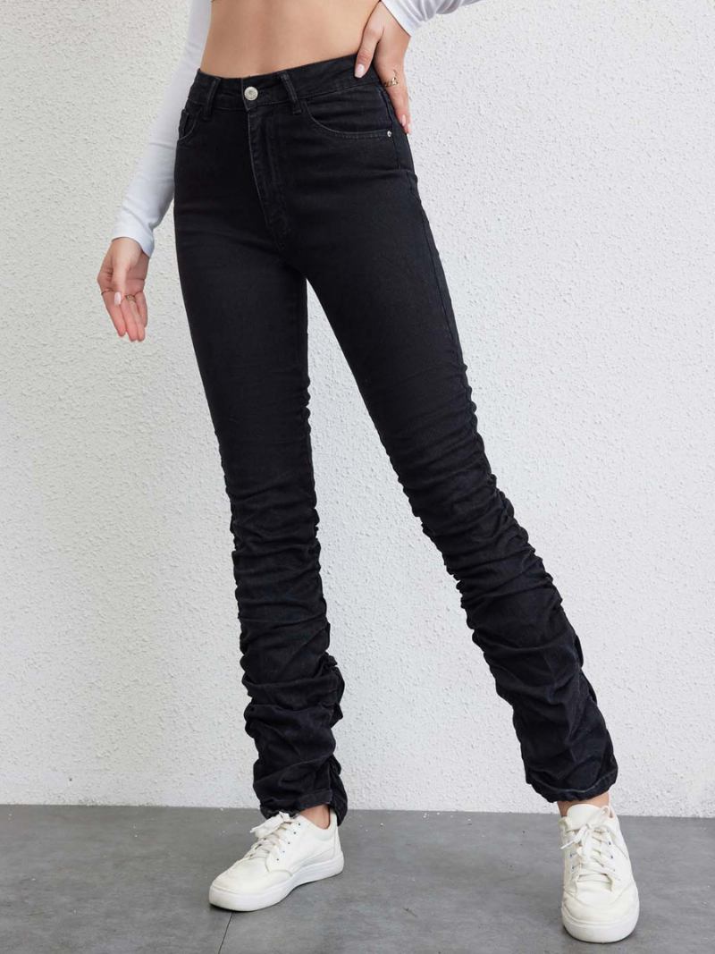 Calça Jeans Feminina Plissada Cintura Alta Com Zíper E Reta - Preto