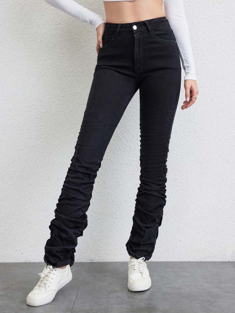 Calça Jeans Feminina Plissada Cintura Alta Com Zíper E Reta - Preto