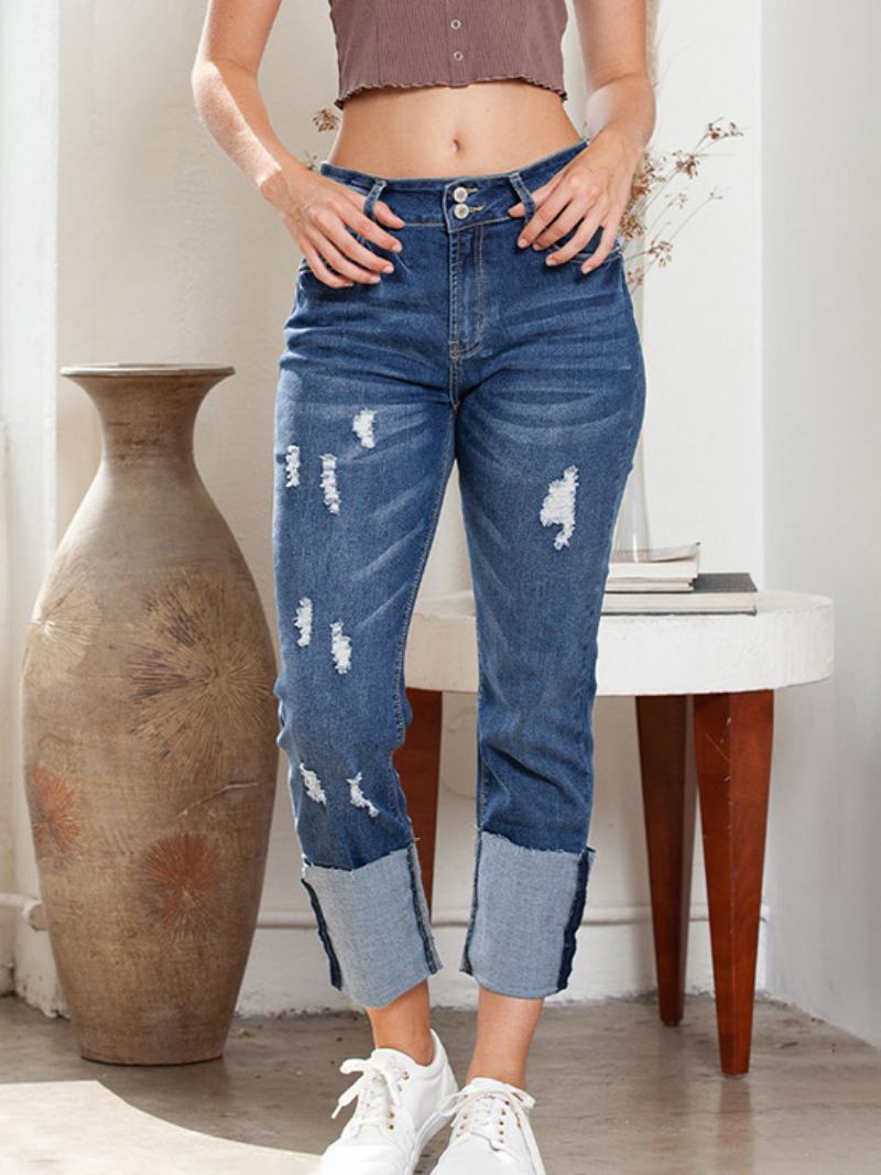 Calça Jeans Feminina Rasgada Com Punho Cintura Alta Namorado Perna Reta - Azul