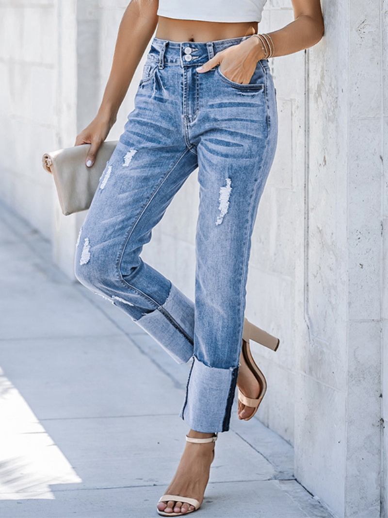 Calça Jeans Feminina Rasgada Com Punho Cintura Alta Namorado Perna Reta - Azul Céu Claro