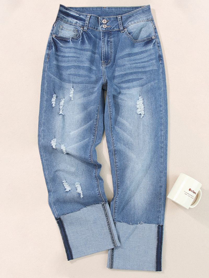 Calça Jeans Feminina Rasgada Com Punho Cintura Alta Namorado Perna Reta - Azul Céu Claro