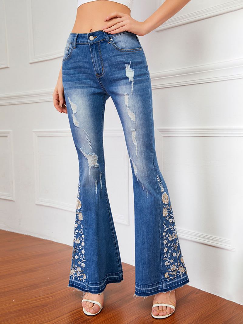 Calça Jeans Flare Feminina Cintura Média Bordada Rasgada Sino Bottoms