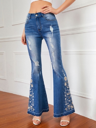 Calça Jeans Flare Feminina Cintura Média Bordada Rasgada Sino Bottoms