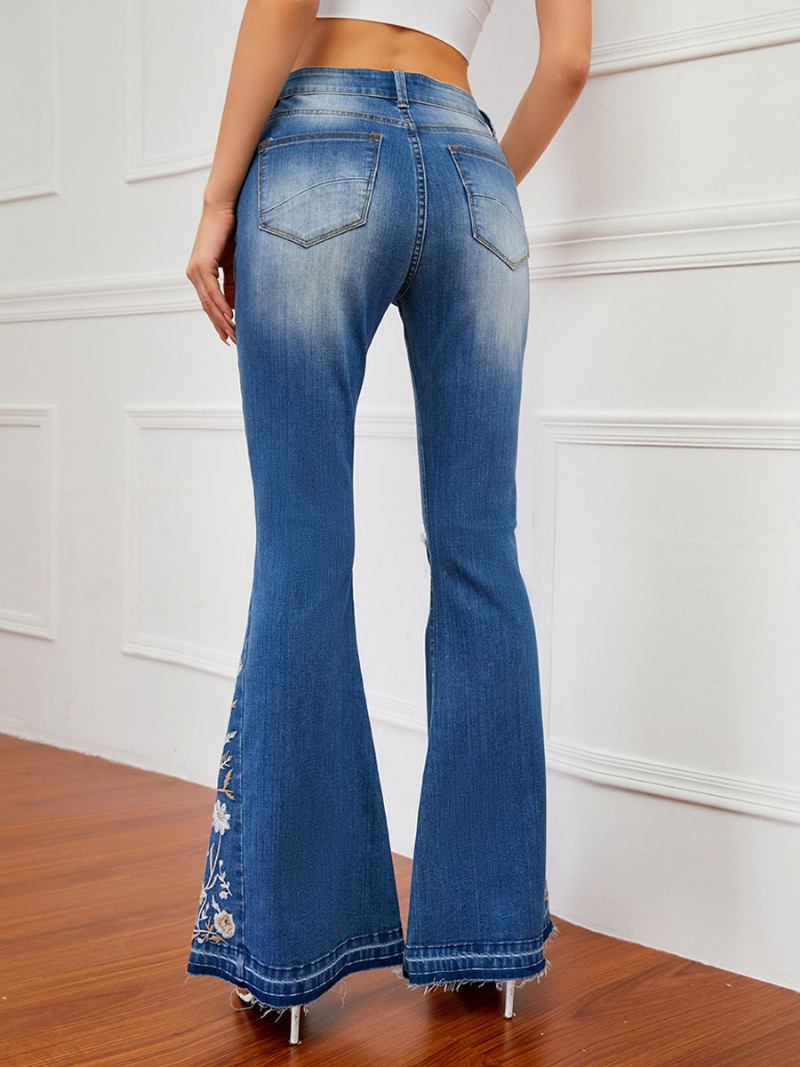 Calça Jeans Flare Feminina Cintura Média Bordada Rasgada Sino Bottoms - Azul