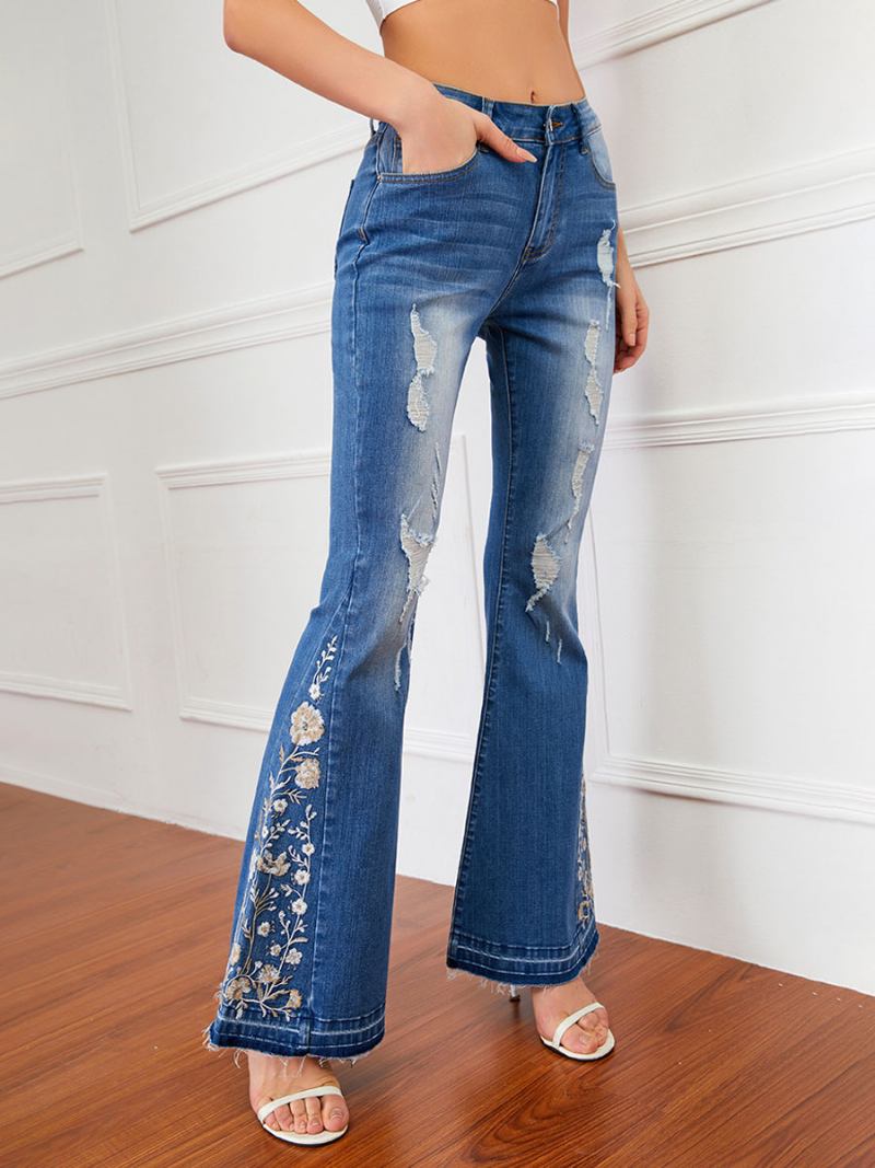 Calça Jeans Flare Feminina Cintura Média Bordada Rasgada Sino Bottoms - Azul