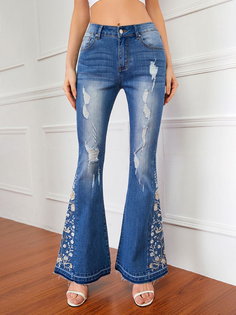 Calça Jeans Flare Feminina Cintura Média Bordada Rasgada Sino Bottoms - Azul