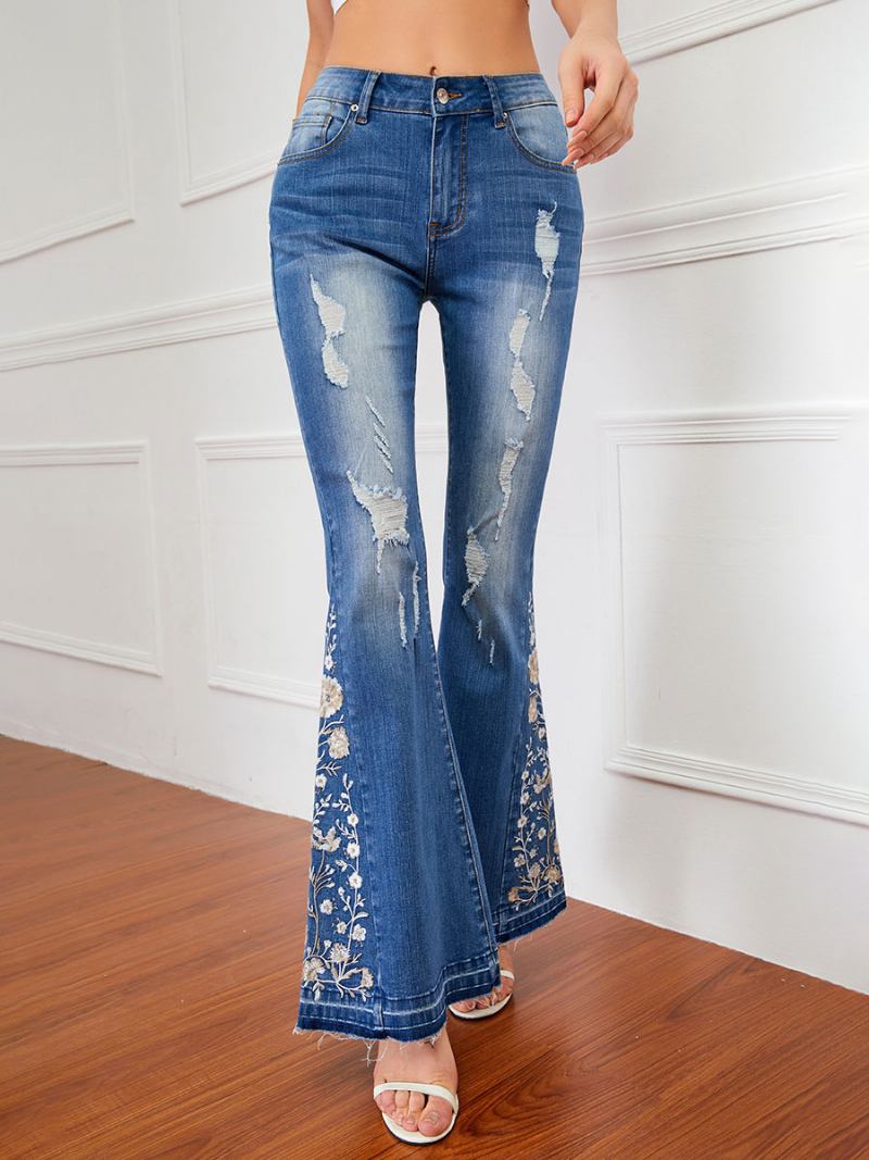 Calça Jeans Flare Feminina Cintura Média Bordada Rasgada Sino Bottoms - Azul