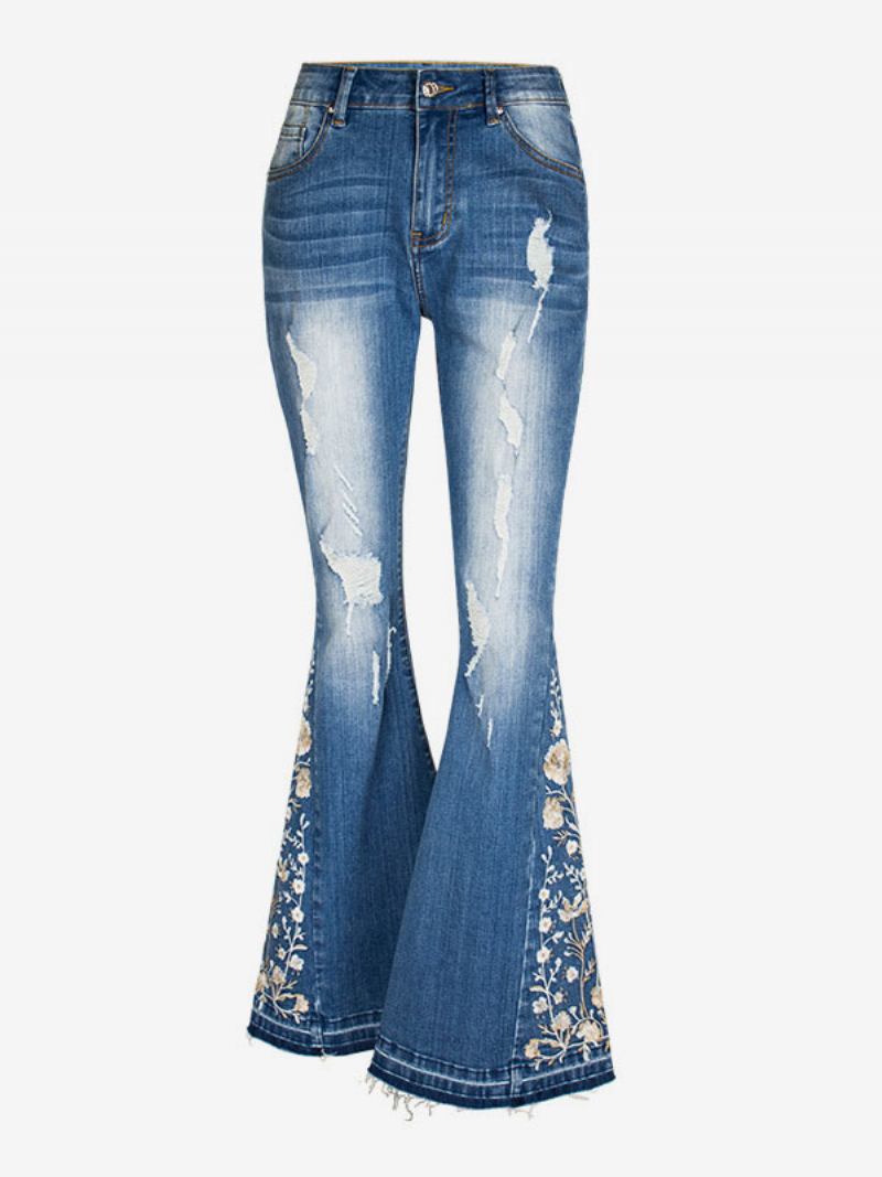 Calça Jeans Flare Feminina Cintura Média Bordada Rasgada Sino Bottoms - Azul