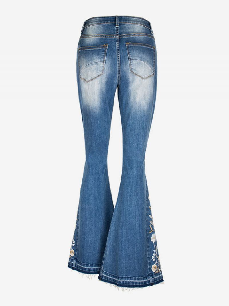 Calça Jeans Flare Feminina Cintura Média Bordada Rasgada Sino Bottoms - Azul