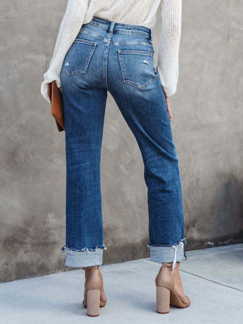 Calça Jeans Larga Cintura Alta Com Zíper E Parte Inferior Feminina Assimétrica - Azul