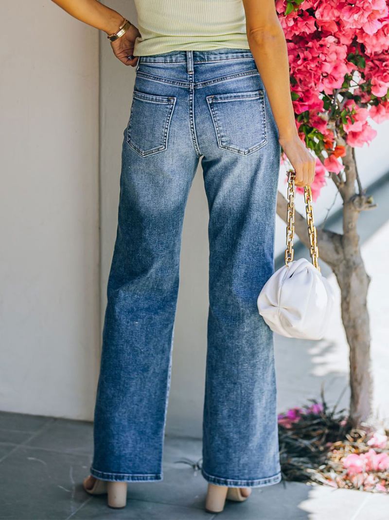 Calça Jeans Reta Cintura Alta Casual Algodão Para Mulheres - Azul