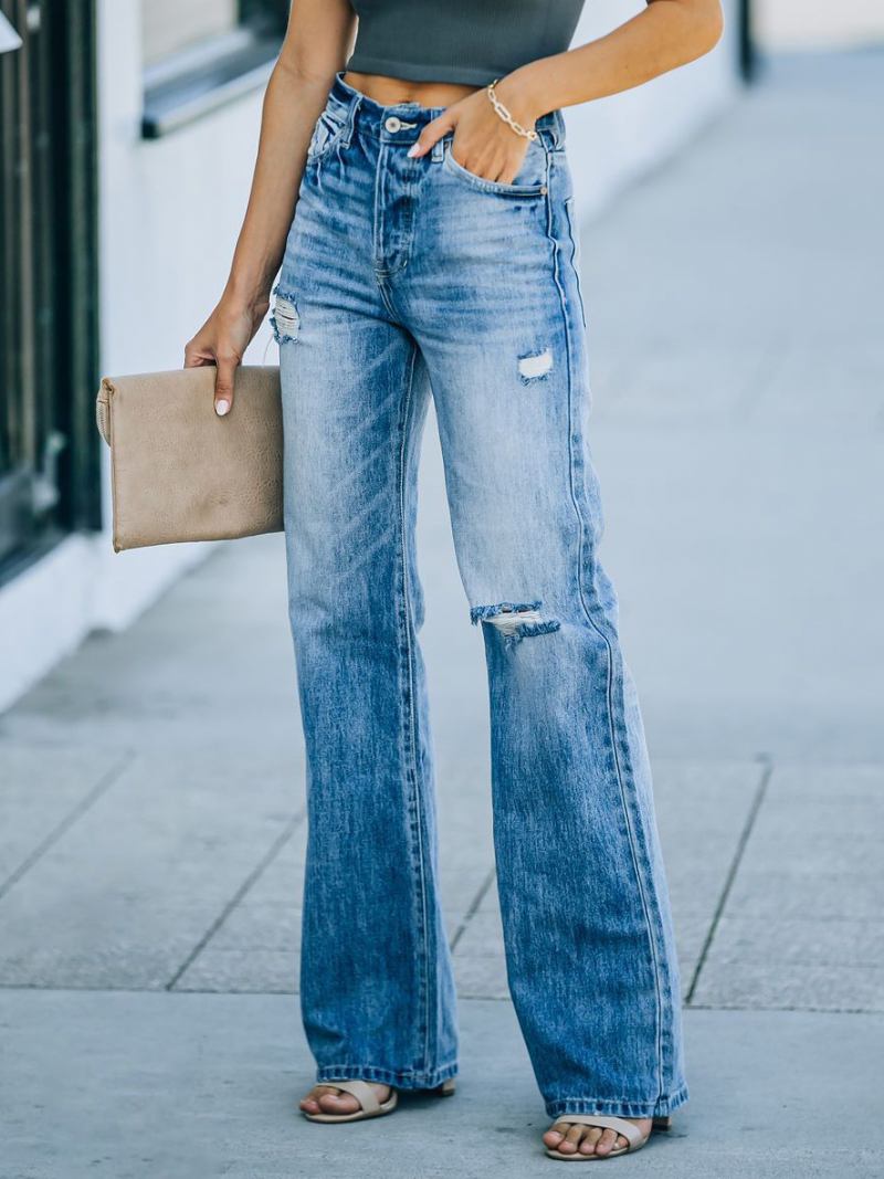 Calça Jeans Reta Feminina Cintura Alta Rasgada Primavera