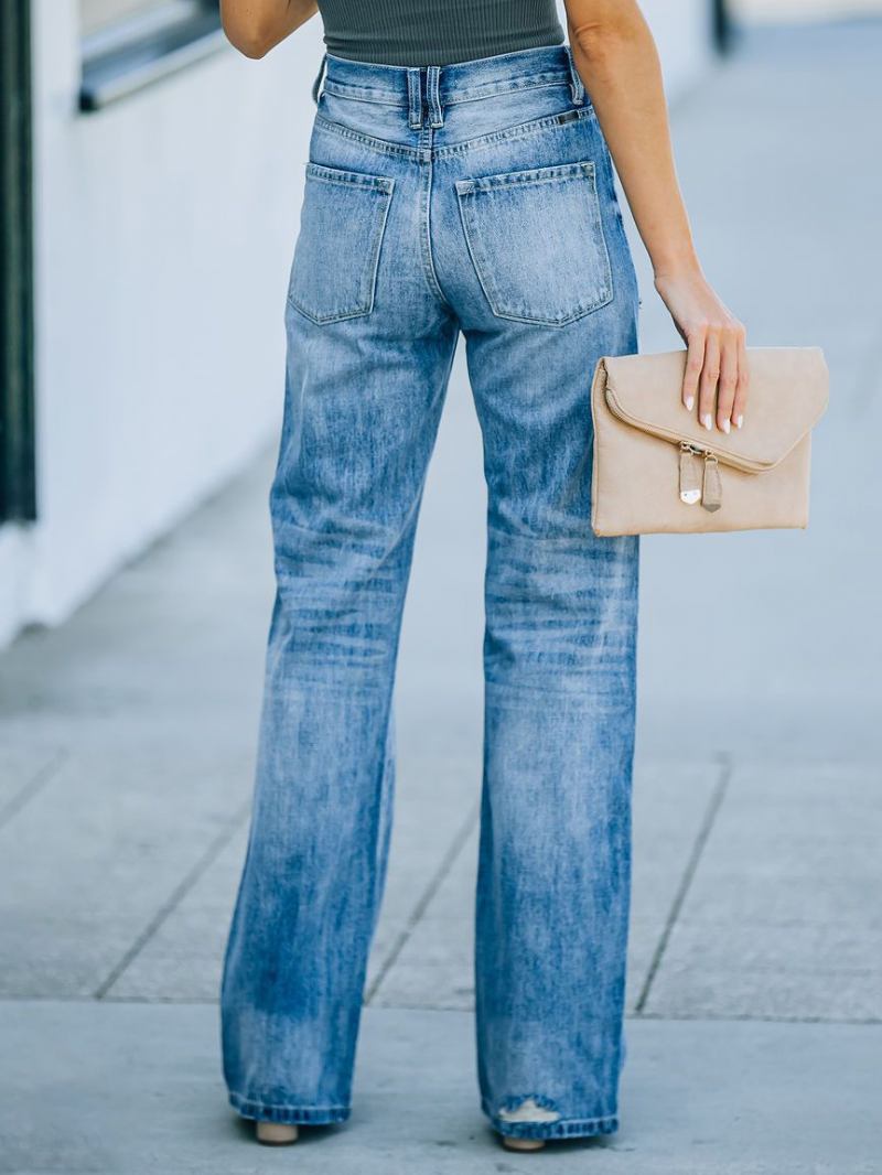 Calça Jeans Reta Feminina Cintura Alta Rasgada Primavera - Azul