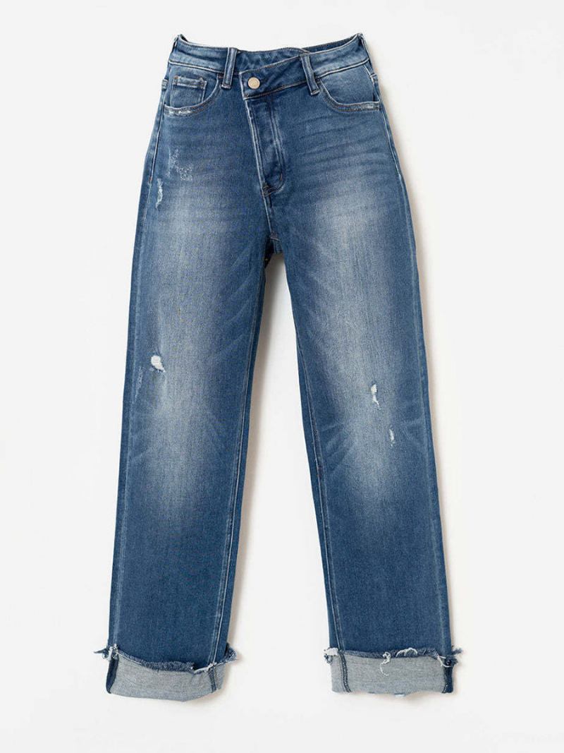 Calças Jeans Cortadas Com Botão Fly Straight Cor Sólida Para Mulheres - Azul