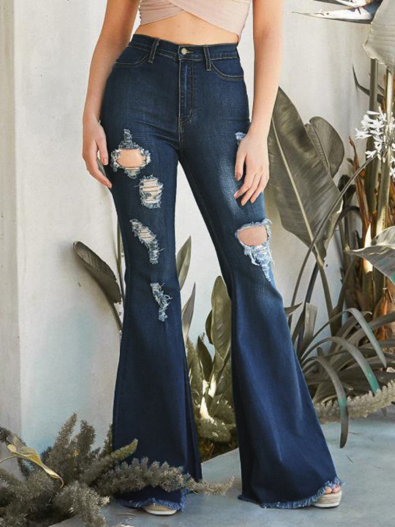 Flare Jeans Raw Edge Rasgado Cintura Alta Sino Bottoms Para Mulheres